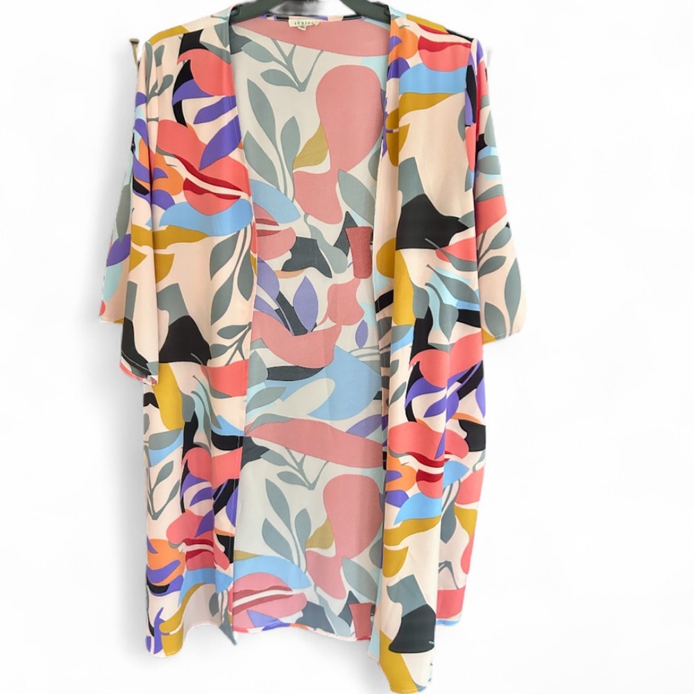 JODIFL Colorful Abstract Mod Open Front Kimono Cover Up Layer Artsy Boho | Sz M